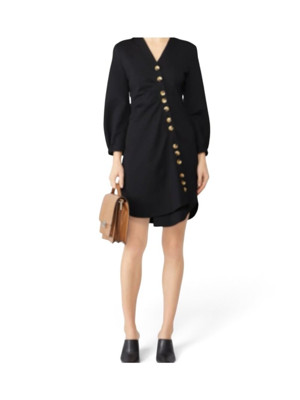 Tibi Black Midi Dress Tortoise Buttons asymmetrical V-Neck Pockets Puff Sleeves